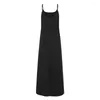 Casual Dresses Women Maxi Dress A-line Big Swing Full Length Sleeveless Solid Color Round Neck Spaghetti Strap Backless Patchwork Strappy