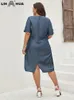 LIH HUA Womens Plus Size Denim Dress Summer Chic Elegant For Chubby Woven Cotton 240430