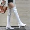 Boots 2024 Fashion Knee High Femmes Winter Square Loe Talon Long Toe Zipper automne Femme Blanc Blanc