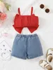 Zestawy odzieży 2PCS Zestaw Baby Girl Summer Nowonarodzone ubranie Czerwony Czerwony Wisior+Haftowane drukowane dżinsowe spodenki Modna Moda Baby Casual Setl2405