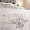 Bedding Sets White/Green Pastoral Flowers Embroidery 600TC Egyptian Cotton Set Bow Duvet Cover Bed Sheet Pillowcases Home Textiles