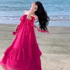 Casual Dresses Summer Rose Red Elegant Sexy Loose Backless Halter Lace-up Long Dress For Women Ruffle Edge Off Shoulder Pleated Sundress