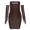 Casual Dresses VOLALO Y2K Leather With Gloves Party Dress Women's Backless Sexy Low Cut Clubwear Skinny 2024 Black Bodycon Mini Female