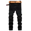 Men Jeans Knee Hole Design calça jeans preto zíper de retalhos reto em plus size fino moda masculina shopship 240508