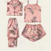 Ubrania domowe damskie piżamę zestawu flamingo nadruk top sutowe szorty spodnie długotropeved mody garnitury czteroczęściowe na wszystkie pory roku