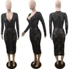 Casual jurken 2024 Autumn Winter Fashion Elegant Black Lace V-Neck Bodycon Long Dress Women Sleeve Club Party