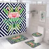 Douche gordijnen schattig flamingo gordijn set tropische cactus roze bloembladeren badkamer anti-slip badmat toiletkap tapijt tapijt tapijt