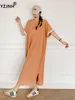 Party Dresses Yzjnh 2024 Summer Long Dress Women's Korean Edition Loose Round Neck Roll Sleeves Solid Color Pocket Split stor storlek