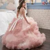 vestidos de concurso de garotas azuis rosa camada de champanhe bagunuras de champanhe vestidos de flor de flor fofa espaguete strap criança vestido de baile de renda vestido de bola de renda 289z