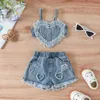 Conjuntos de roupas 2019-05-20 Liberiin 0-24m menina 2pcs Conjunto de moda com mangas com o coração em forma de coração rasgado shorts de jeans rasgados roupas de verão