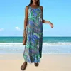 Sıradan Elbiseler Bohem Uzun Elbise Tarzı Yaprak Baskı Maksi Yaz Tatil Plajı Kolel Odasız O Boyun Kadın ayak bileği
