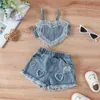 Conjuntos de roupas 2019-05-20 Liberiin 0-24m menina 2pcs Conjunto de moda com mangas com o coração em forma de coração rasgado shorts de jeans rasgados roupas de verão
