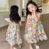 Girl's Dresses Girls Korean Summer Dress Party Dress Fashionable and Cute Dress Skin Friendly and Breathable 3-8T Flower Printed Sleeveless Dressl240513