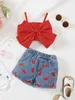 Kledingsets 2 stks babymeisje Set zomer pasgeboren kleding pure rode hanger+geborduurd geprinte denim shorts mode baby casual setl2405