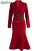 Casual Dresses Gedivoen Autumn Fashion Designer Red Vintage Spliced Dress Women Lapel Diamond Beading Ruffles High Waist Slim A-LINE Long