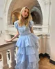 Vestido de dos piezas MSIKOODS Sky Blue Tiered Tiered Prom 15 Quinceanera Puff mangas cortas Lace Formal Cumpleaños Q240511