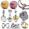 Loose edelstenen 925 Sterling zilver omcirkelde roze murano -glas mousserende roos in bloei oversized charme kralen passen armband sieraden