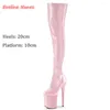 Bottes Laser rose sur le genou Super mince talon haut talon 20cm plate-forme solide zipper rond