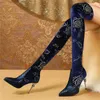 Boots Femme Cow Leather High Talon extensible sur le genou Point Toe Broider Plate-plaque de jambe mince