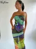 Hugcitar Women Fashion Mesh Bezpośrednia Bandaż Sexy Crope Tube Top Maxi Spódnica 2 PCS SETS Summer Beach wakacje 240513