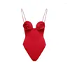 Kvinnors badkläder Solid Red 2024 Sexig 3D Flower One Piece Kjol Kvinnor Vintage Push Up Swimsuit Beachwear Summer Bathing Suit Due Dress