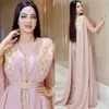Ny Blush Pink Beaded Muslim Long Evening Dresses Luxury Dubai Marockan Kaftan Dress Chiffon V Neck Formal Gown Evening Party Dresses 248D