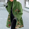 Damenjacken Frauen Jacke weich eleganter Blumendruck Wintermantel mit Turndown-Kragen Plus Größe Mid Langy Street für den Herbst