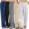 Męskie bawełniane spodnie lniane wiele kieszeni lniane oddychające spodnie sprężyste joggery fitness spodni swobodne luźne spodnie dresowe 240513
