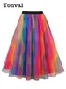 Kjolar tonval vintage multicolor mesh överlägg regnbåge länge för kvinnor 2024 elastisk midja veckad casual kjol