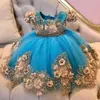 2023 Blue Little Flower Girls Dresses a manica corta Pearls Princess Kids First Communione Abito da barattolo per bambini Abito da battesimo 3010