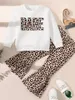 Toddler Girls Leopard Print Crew Neck Cotton Coton à manches longues Tshirt blanc et pantalon Flare Set 240511