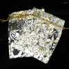 Torebki biżuterii 11x16cm (4,3 "x6,3") 100pcs biała organza torba wzorca róża bransoletki opakowania torby sznurkowe prezent cukierkowy