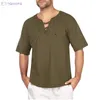 Chemises décontractées pour hommes Tops à capuche Fashion Line-manches courtes Blouse d'été Cotton Linn à crampons à cordon Tie à plage Camisas Caballero Caballero