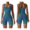 Damen Badebode Womens 3D Fish Scale Print Bodysuit ärmellose Shorts Badeanzug Surfen ein Stück Badeanzug Training Jumpsuit