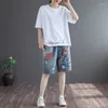 Women's Jeans Summer Thin Denim Shorts Women's Straight Leg Flanging Middle Cute Pants Elastic Waist Large Ripped Alternative Fashion