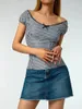 Magliette da donna top a quadri da donna che controllano le magliette a maniche corte per spalla a bassa camicetta taglio a basso taglio