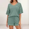 Texte de survêtement pour femmes Texture Waffle Texture T-shirt Femme Shorts Réglage des manches courtes V Couper Vêtements sportifs en vrac respirant