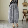 Arrival Summer Women Cotton Linen Anklelength Pants Casual Loose Elastic Waist Plaid Patchwork Bloomers Pants S70 240506