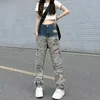 Kadınlar için Kot Kontrast Renk Kadınlar için Düz Yırtık y2k Street Giyim Hiphop Yüksek Belli Denim Pantolon Peri Grunge Giysileri