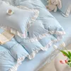 Koreansk prinsessan stil täcke täckning set ingen fyllning rosa blå mjuk tvättad bomullsflickor favorit ruffles säng linnet kuddväskor 240430