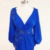Королевское голубое русалка Женское вечернее платье 2023 Длинные рукава v Sear Salt Satin Satin Applique Formal Prom Party Gowns Rope de Soiree 1843