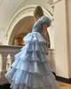 Vestido de dos piezas MSIKOODS Sky Blue Tiered Tiered Prom 15 Quinceanera Puff mangas cortas Lace Formal Cumpleaños Q240511