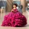 2023 Pink Pink Puffy Flower Girls Kleider 3d Blume gegen Nacken Langarm Kinder Teenager Festzugskleider Geburtstagsfeierkleid für Hochzeit Kochtai 3233