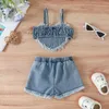 Conjuntos de roupas 2019-05-20 Liberiin 0-24m menina 2pcs Conjunto de moda com mangas com o coração em forma de coração rasgado shorts de jeans rasgados roupas de verão