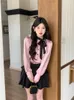 Women's Blouses Kimotimo Women Shirt 2024 Spring Pink Satin Halter Lace Up V Neck Korean Elegant Fashion Long Sleeve Ladies Tops