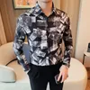 男性用の韓国トレンドプリントシャツ高品質のスリムな長袖シャツカジュアルビジネスソーシャルフォーマルドレスシャツ男性服4xl