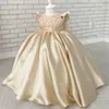 2021 Gold Beded Flower Girl Robes Ball Ball Bow Satin Backless Lilttle Kids Birthday Pageant Weddding Robes 2883