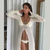 Women's Sexy Cutout Crochet Bikini Swim Cover Up V-Neck Long Sleeve Hollow Out Beach Mini Dress Summer Beachwear 2024