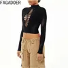 Women's T Shirts FAGADOER Black Sexy Hollow Knitting Thick Lace Crop Tops Women Half High Collar Long Sleeve Slim Clothing Fashion Matching