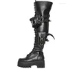 Boots Woman Punk Style Black Thick Sole 6 Cm Chunky Heels Over The Knee Pocket Round Toe Platform Motorcycle Short Ankle